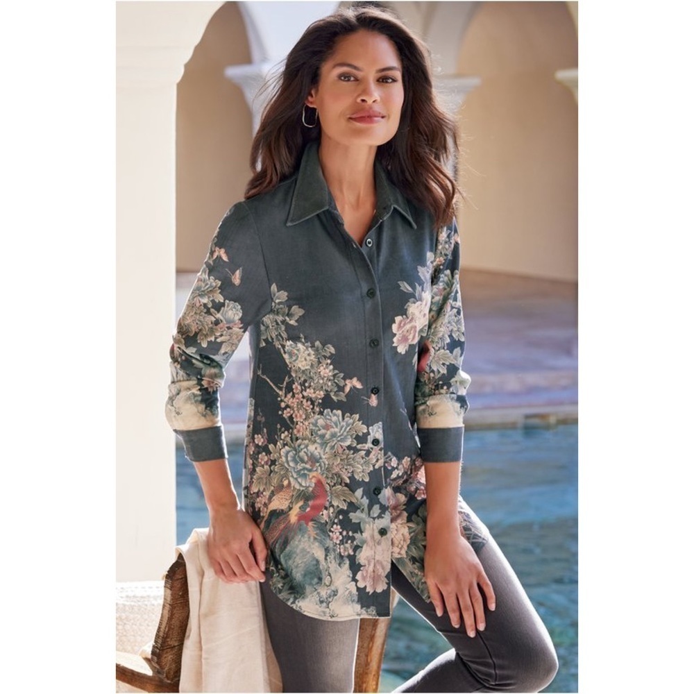 NWT Soft Surroundings Birds Peonies Floral Nola Suede Boyfriend Shirt Blouse PM﻿
